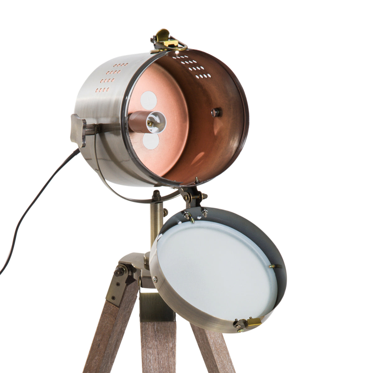 Vintage Tripod Table Desk Lamp Bedside Light Spotlight Brass Antique Searchlight Wooden Base — view 5