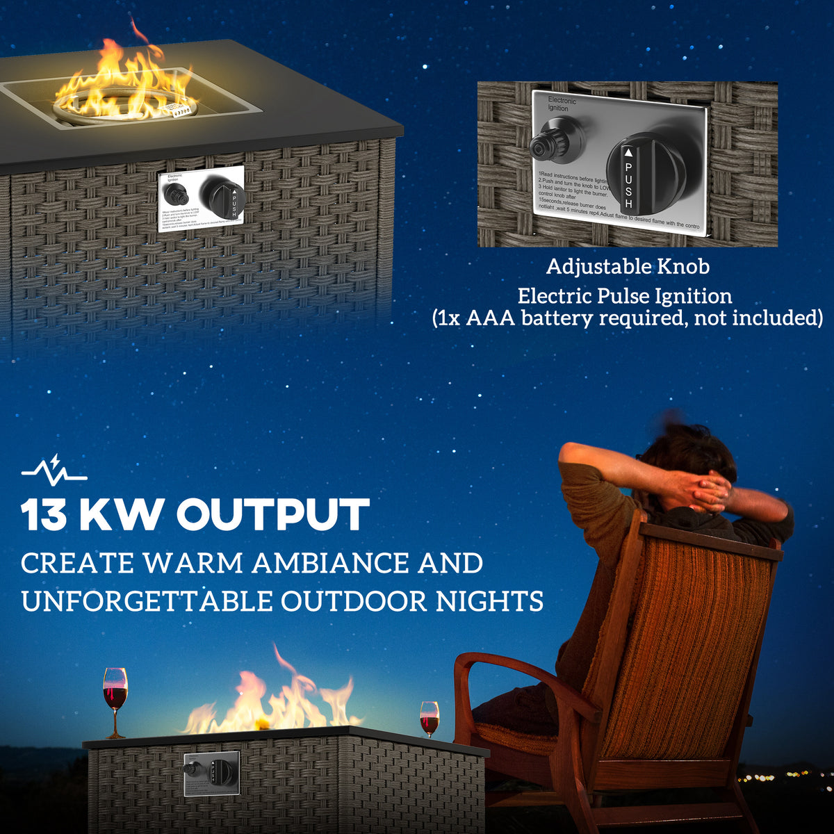 Rattan Gas Fire Pit Table For Garden,13 KW Smokeless Propane Fire Pit With Lid,Square Garden Coffee Table With Patio Heater For Outdoor,Patio,58 X 58 X 33 Cm,Grey — view 5