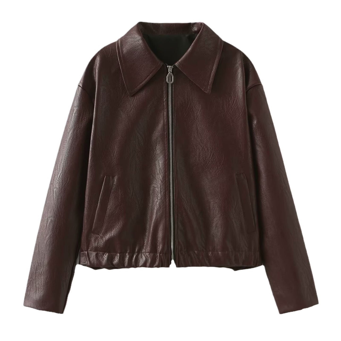 Lapel Zipper Leather Jacket — Casual Long Sleeve Coat