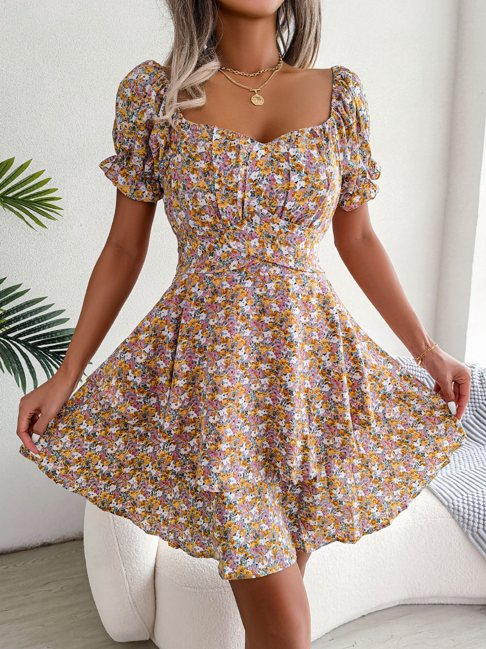 Floral Shirred Mini Dress — Short Sleeve Loose Hem Swing Dress