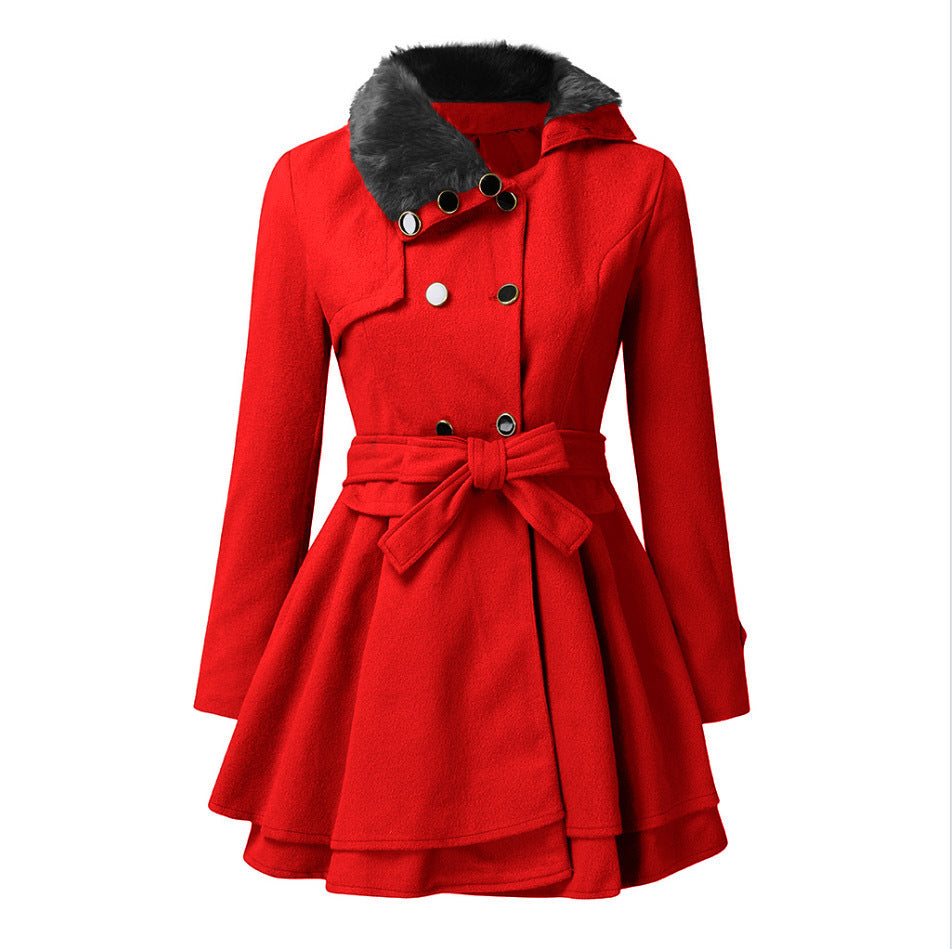Women’s Fur Collar Double-Breasted Trench Coat – Flared Skirt