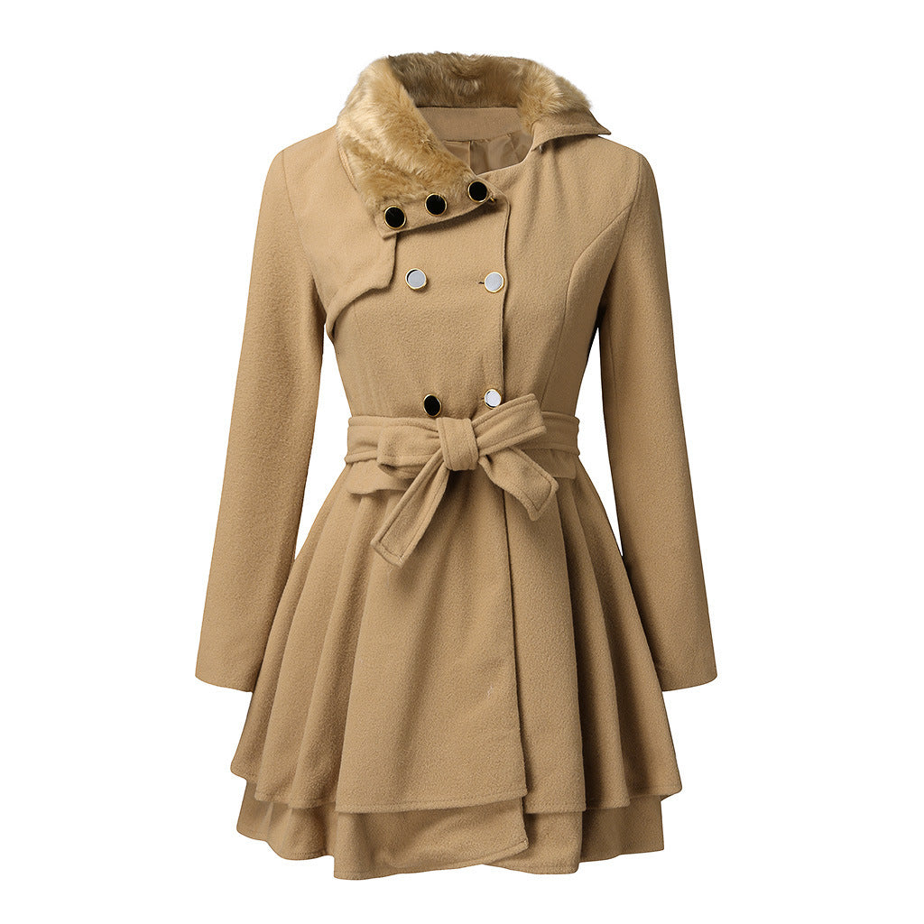 Women’s Fur Collar Double-Breasted Trench Coat – Flared Skirt