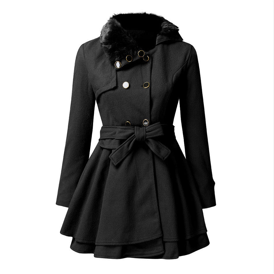 Women’s Fur Collar Double-Breasted Trench Coat – Flared Skirt