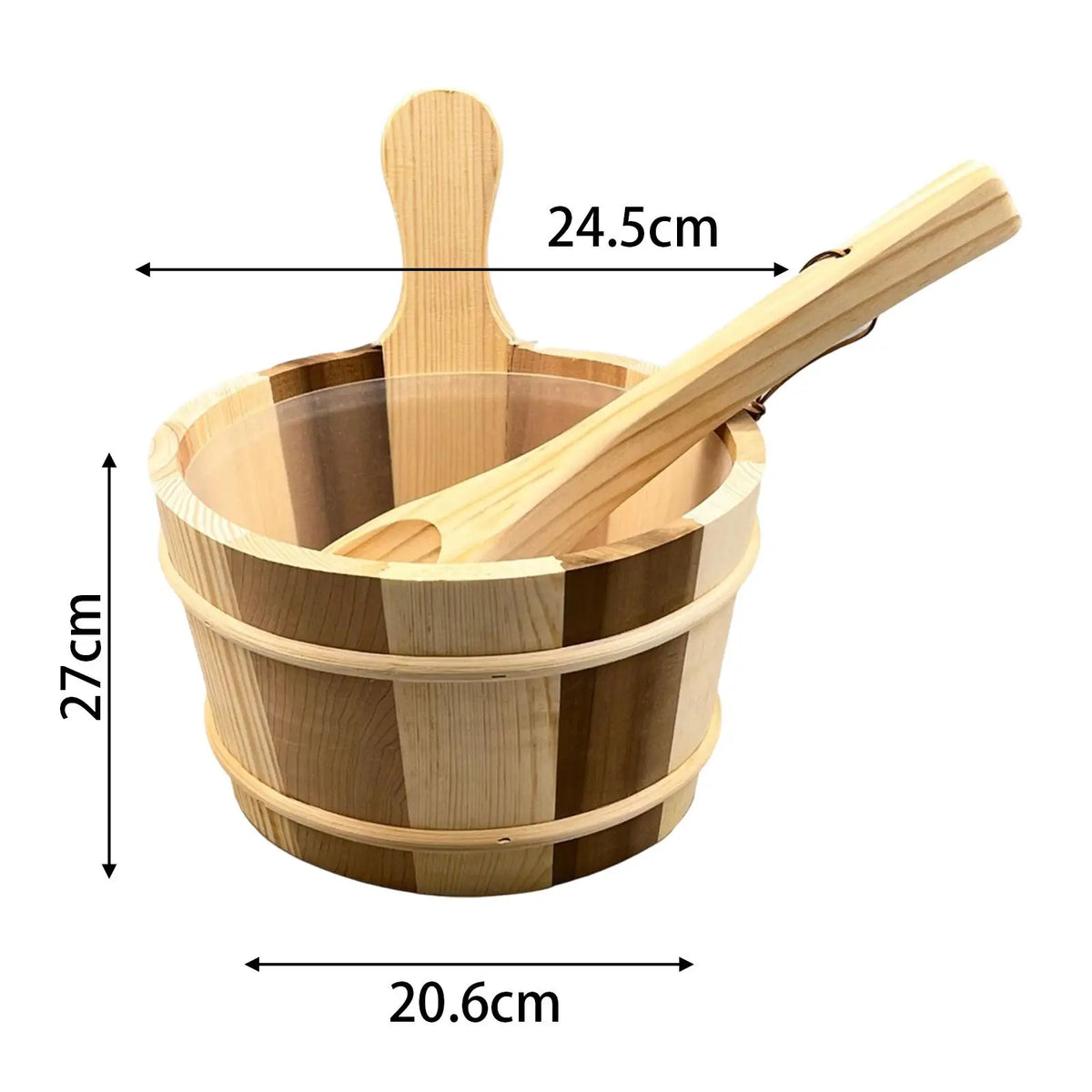 Wooden sauna bucket dimensions: 24.5 cm top, 20.6 cm base, 27 cm tall