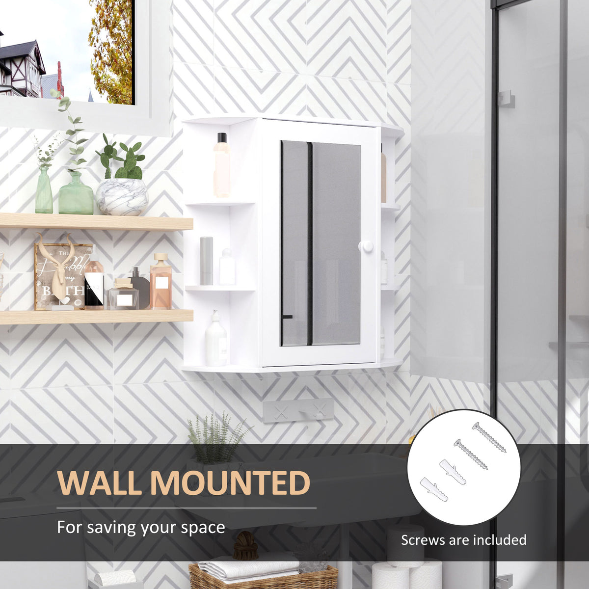 Wall Mounted Bathroom Cabinet With Mirror Single Door Storage Organizer 2-tier Inner Shelves White — view 5