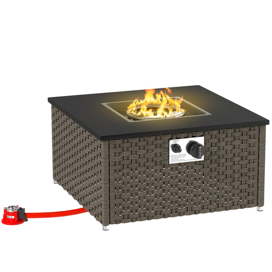 Rattan Gas Fire Pit Table For Garden,13 KW Smokeless Propane Fire Pit With Lid,Square Garden Coffee Table With Patio Heater For Outdoor,Patio,58 X 58 X 33 Cm,Grey