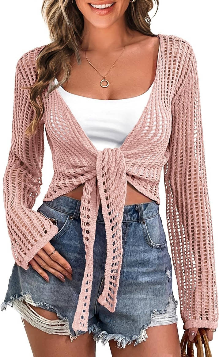 Women’s Hollow Out Beach Cover-Up – Lace-Up Long Sleeve Sweater