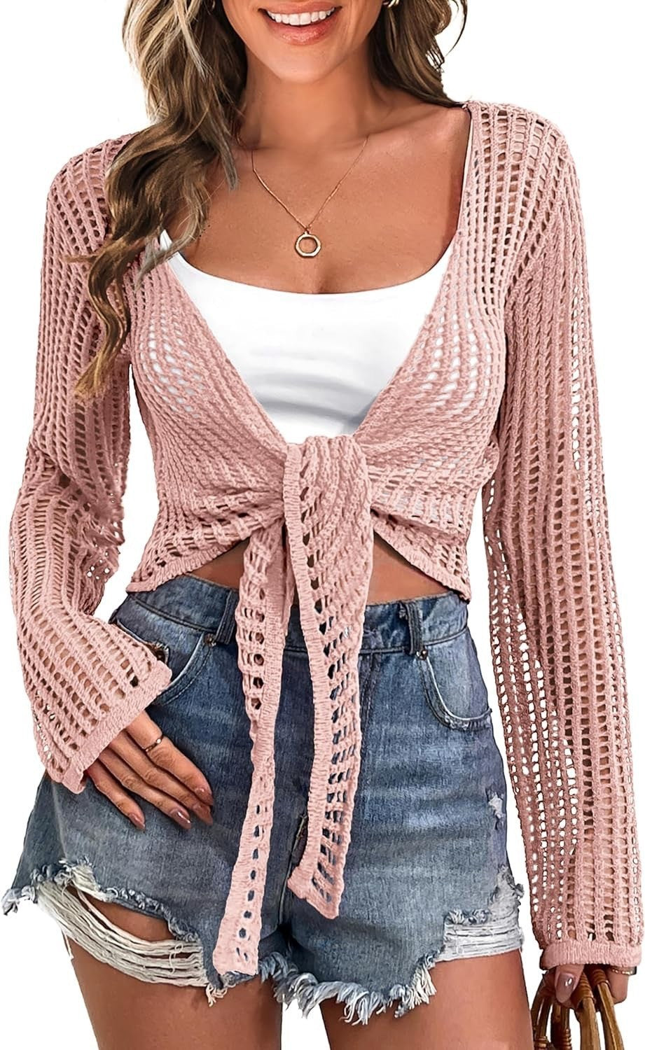 Women’s Hollow Out Beach Cover-Up – Lace-Up Long Sleeve Sweater