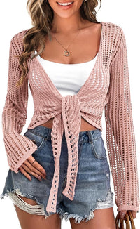 Women’s Hollow Out Beach Cover-Up – Lace-Up Long Sleeve Sweater