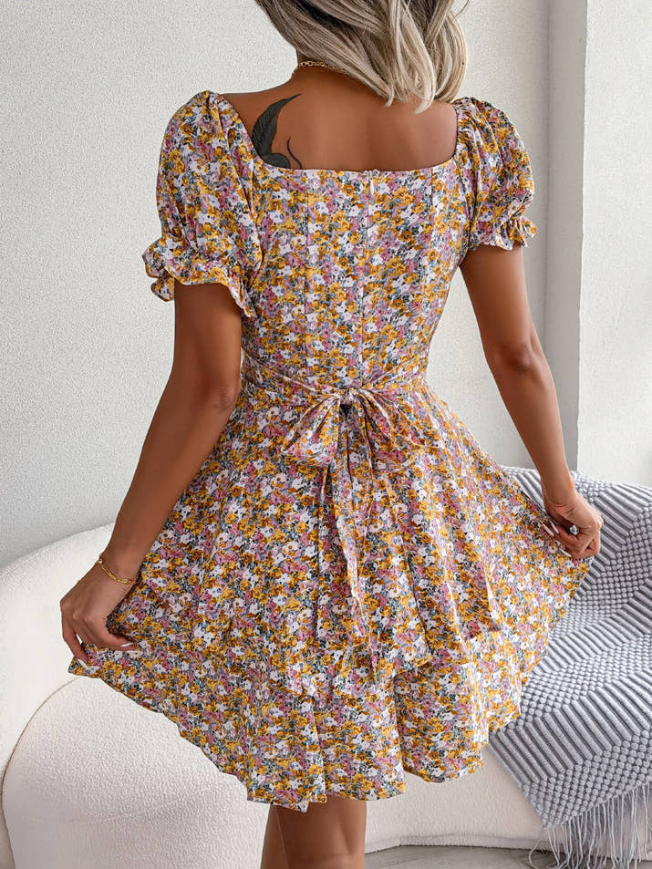 Floral Shirred Mini Dress — Short Sleeve Loose Hem Swing Dress