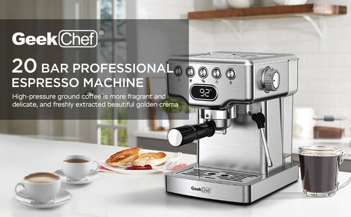 Geek Chef 20-Bar Espresso Machine with Milk Frother – 1.8 L Water Tank, Stainless Steel, Home Cappuccino & Latte Maker