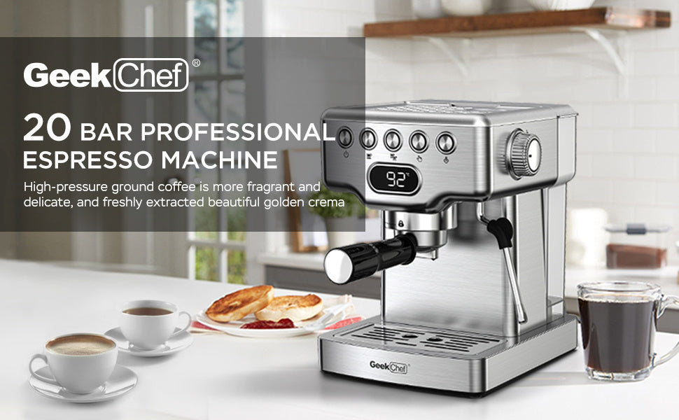 Geek Chef 20-Bar Espresso Machine with Milk Frother – 1.8 L Water Tank, Stainless Steel, Home Cappuccino & Latte Maker