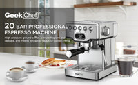 Geek Chef 20-Bar Espresso Machine with Milk Frother – 1.8 L Water Tank, Stainless Steel, Home Cappuccino & Latte Maker