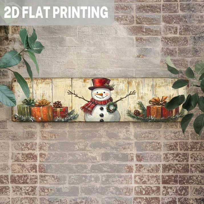 Rustic Christmas Snowman Metal Sign With Presents, Holiday Wall Art Decor — view 3