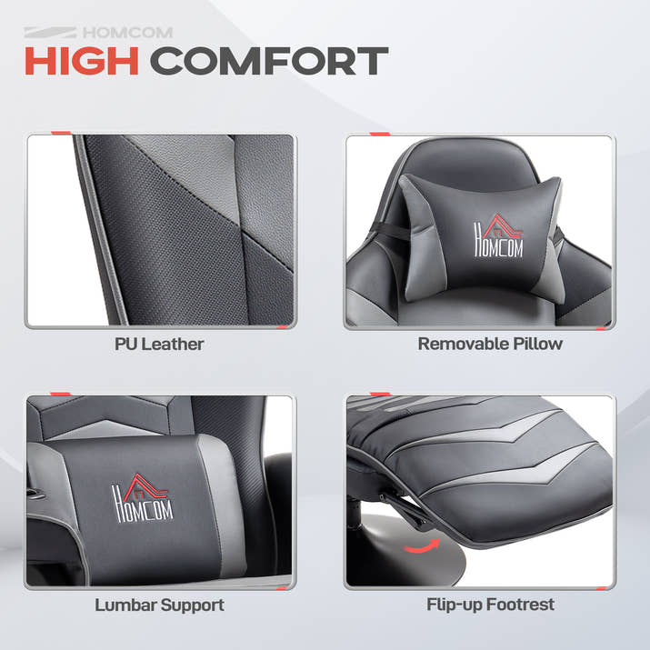 Massage Gaming Chair,Swivel Racing Video Gaming Recliner With Retractable Footrest,Headrest,Cup Holders And Side Pockets,Ergonomic High Back PU Leather Executive Desk Chair,Grey — view 4