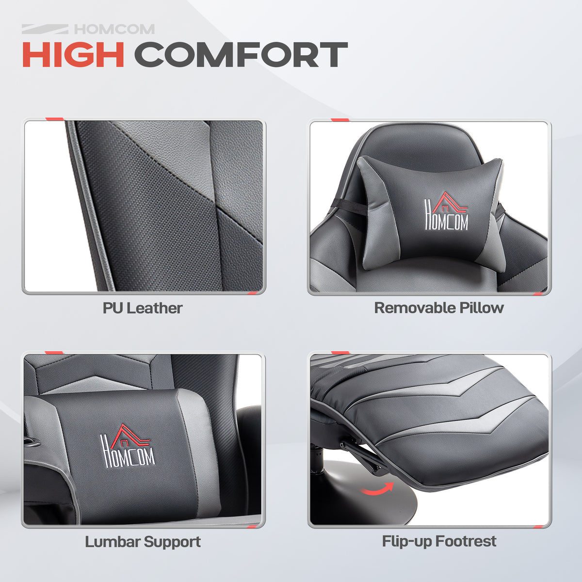 Massage Gaming Chair,Swivel Racing Video Gaming Recliner With Retractable Footrest,Headrest,Cup Holders And Side Pockets,Ergonomic High Back PU Leather Executive Desk Chair,Grey — view 4