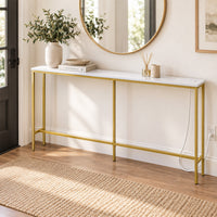 62.99"x7.87"x31.10" Console Table, MDF with Melamine Veneer & Iron Frame, with Power Outlet, White & Gold — view 3