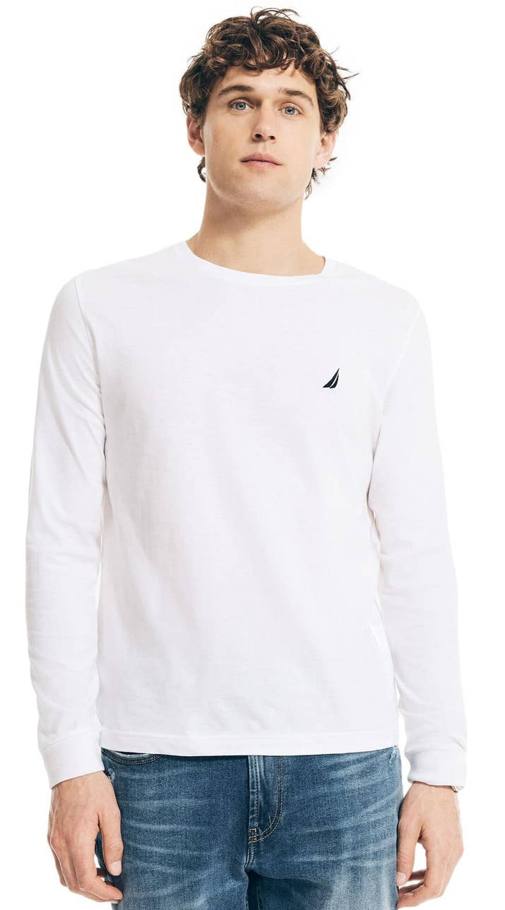 Nautica white long sleeve tee — on model, alternate