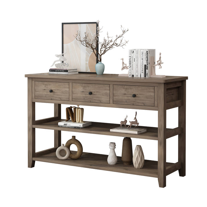 Console Table with Wood Frame and Legs, Sofa Table Entryway Table with 3 Drawers and 2 Open Shelves Wash Gray — view 5