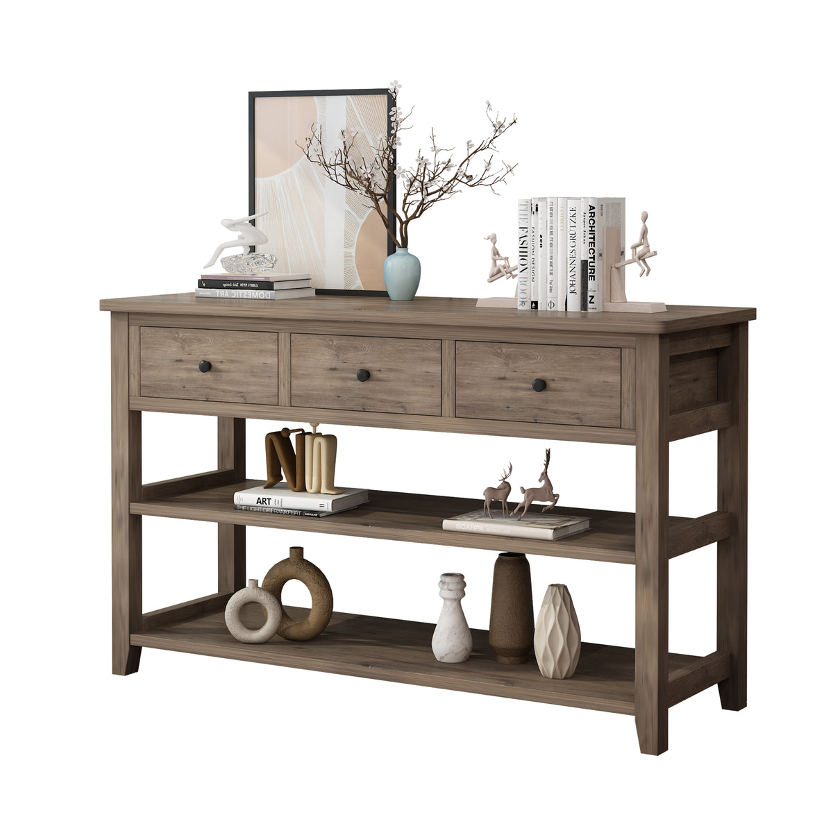 Console Table with Wood Frame and Legs, Sofa Table Entryway Table with 3 Drawers and 2 Open Shelves Wash Gray — view 5