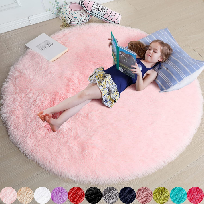 Circle Round Fluffy Area Rug 4Ft For Girls Bedroom Kids Room