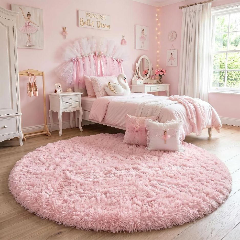 Circle Round Fluffy Area Rug 4Ft For Girls Bedroom Kids Room — view 2