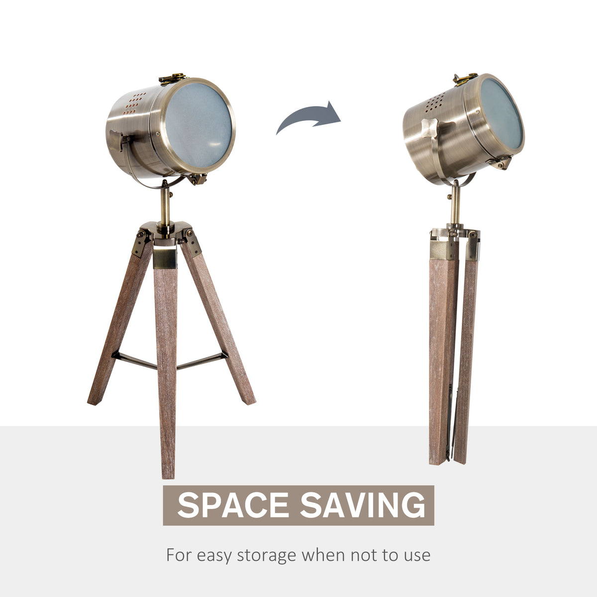 Vintage Tripod Table Desk Lamp Bedside Light Spotlight Brass Antique Searchlight Wooden Base — view 3