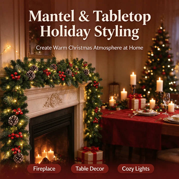 Christmas Green Vine with String Lights Combo, 2.7m Artificial Garland Vine + 10m Light String, for Mantel, Stair Railing & Window Holiday Decor — view 3
