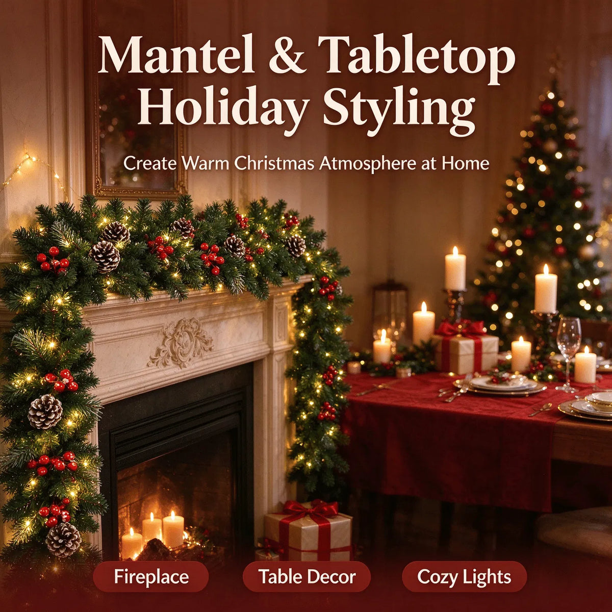 Christmas Green Vine with String Lights Combo, 2.7m Artificial Garland Vine + 10m Light String, for Mantel, Stair Railing & Window Holiday Decor — view 3
