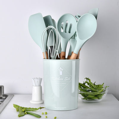 Silicone Kitchen Utensil Set with Wooden Handles
