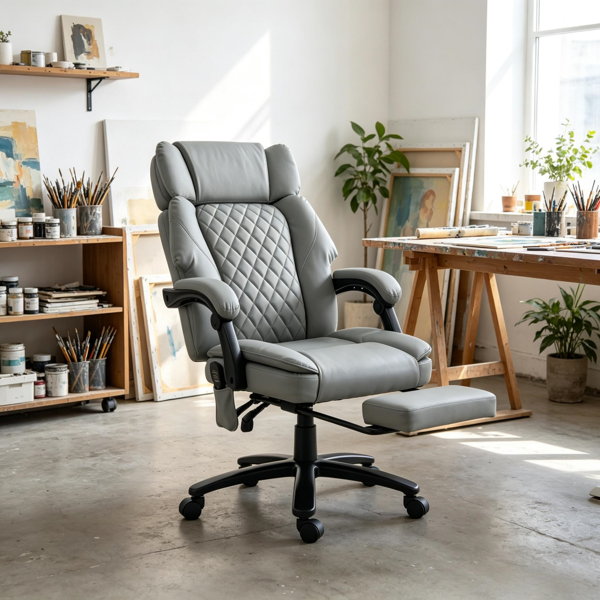 Massage Office Chair, 400lbs Capacity Desk Chair With Heat, Adjustable Headrest, Reclining & Footrest, Light Gray