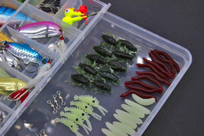 Fishing Gear Sequined Soft Bait Set – 100-Piece Soft Plastic Lures w/ Sequins in Storage Case