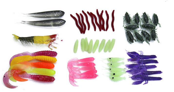 Fishing Gear Sequined Soft Bait Set – 100-Piece Soft Plastic Lures w/ Sequins in Storage Case