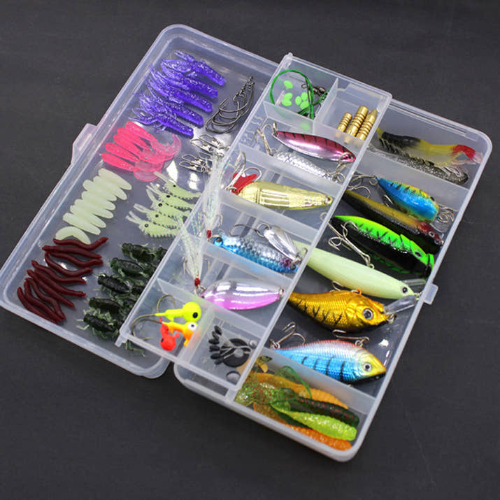 Fishing Gear Sequined Soft Bait Set – 100-Piece Soft Plastic Lures w/ Sequins in Storage Case