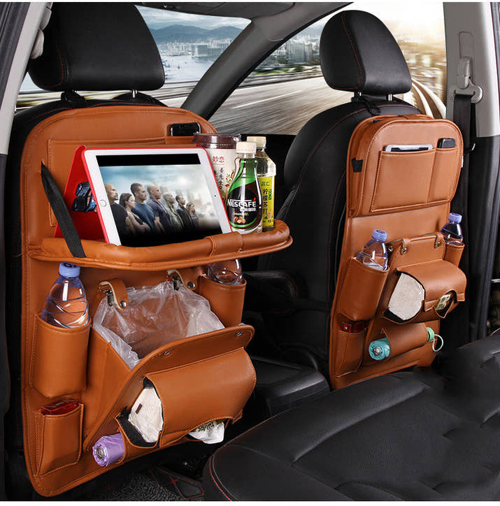 Pu Leather Car Storage Bag Multifunction Seat Back Tray Hanging Bag