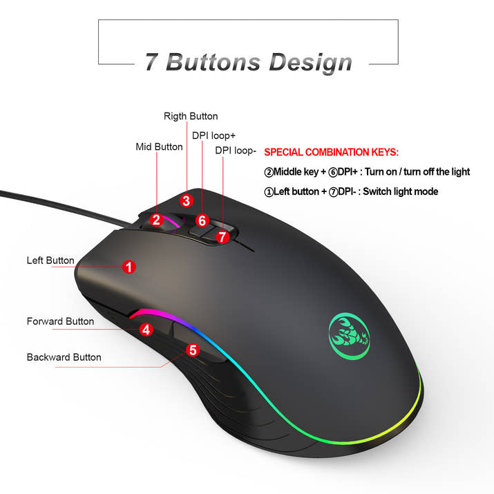 Glowing RGB Wired Gaming Mouse – Adjustable DPI Optical Mouse with LED Backlight
