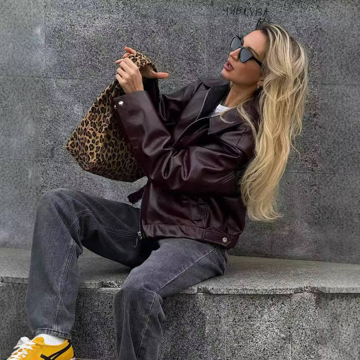 Lapel Zipper Leather Jacket — Casual Long Sleeve Coat