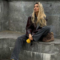 Lapel Zipper Leather Jacket — Casual Long Sleeve Coat