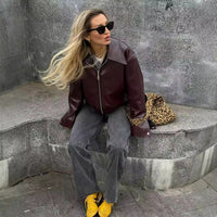 Lapel Zipper Leather Jacket — Casual Long Sleeve Coat
