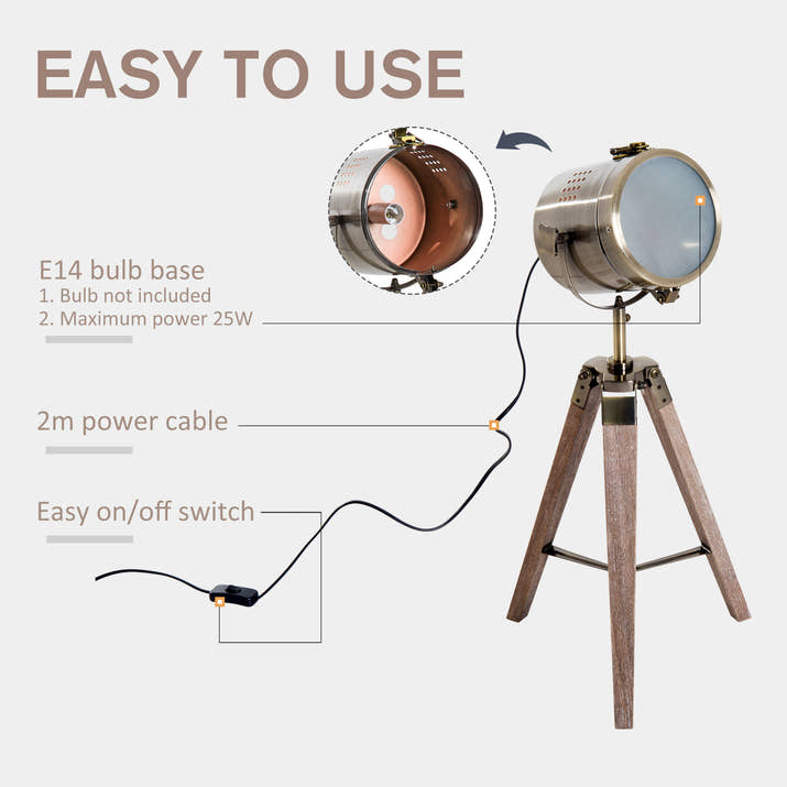 Vintage Tripod Table Desk Lamp Bedside Light Spotlight Brass Antique Searchlight Wooden Base — view 2
