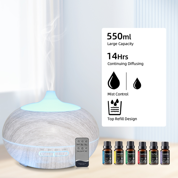 Multi Function Aromatherapy Diffuser & Humidifier Wood Grain Design, 550ml Tank, 7 LED Colors, Remote Control With 6 Essential Oils — view 3