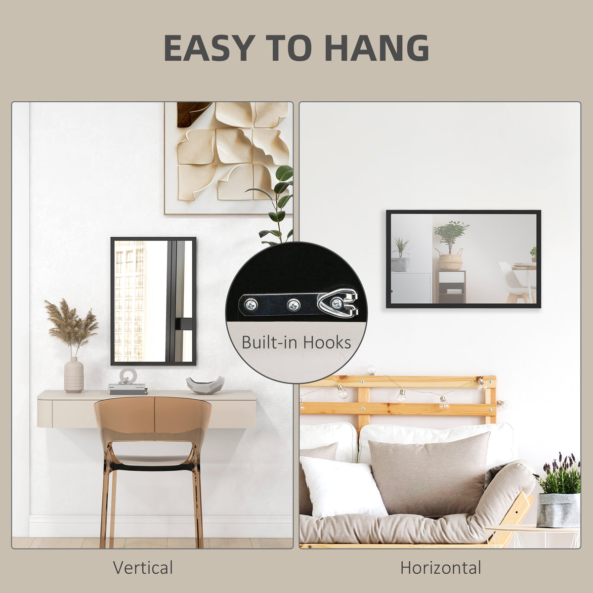 Wall Bathroom Mirror,60 X 40 Cm Wall-Mounted Mirror For Living Room,Bedroom,Hallway,Black — view 5