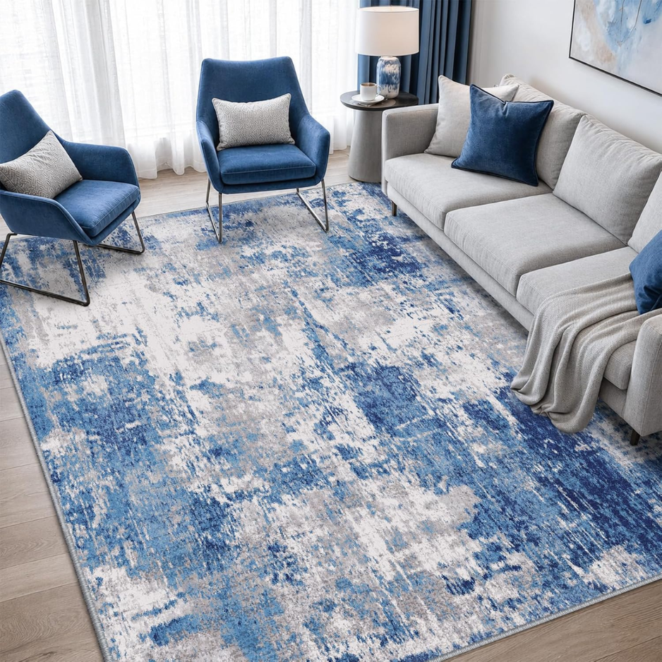 Washable 5x7 Abstract Area Rug For Living Room Blue Gray Carpet For Bedroom, Kitchen, Office, Hallway And Entryway, Printed Pattern — view 2