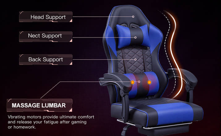Racing Style Gaming Chair With Footrest,PU Leather,Massage Lumbar Support,Reclining,360degree  Swivel Seater Adjustable Height — view 6