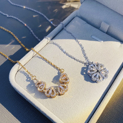 Magnetic Folding Heart Four-Leaf Clover Pendant Necklace