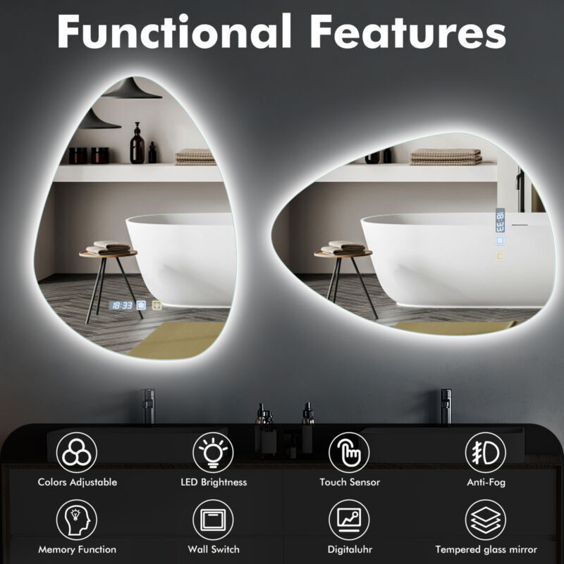 Fogless LED Bathroom Mirror Wall Mounted Demister Adjustable Light Touch Sensor — view 2