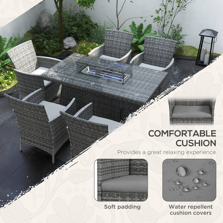 7 Pieces Outdoor Rattan Garden Furniture With Fire Pit Table,6 Seater Garden Table And Chairs With Cushions,Rattan Dining Set With Propane Heater Table,Windscreen,50,000 BTU,Grey — view 4