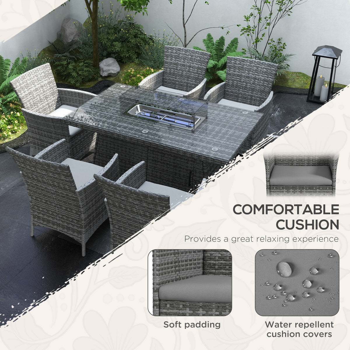 7 Pieces Outdoor Rattan Garden Furniture With Fire Pit Table,6 Seater Garden Table And Chairs With Cushions,Rattan Dining Set With Propane Heater Table,Windscreen,50,000 BTU,Grey — view 4