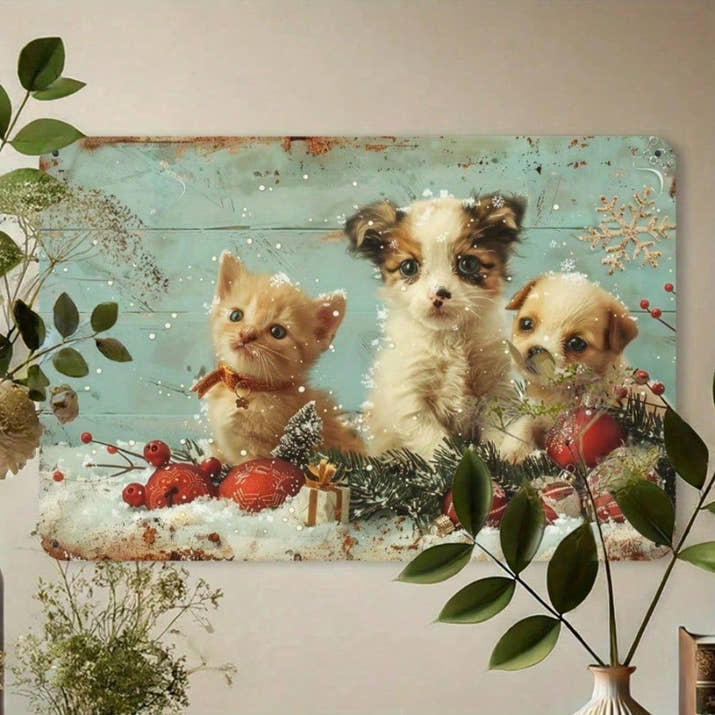 Vintage Christmas Puppy & Kitten Tin Sign, Rustic Iron Wall Art, 12x8 Inch — view 5