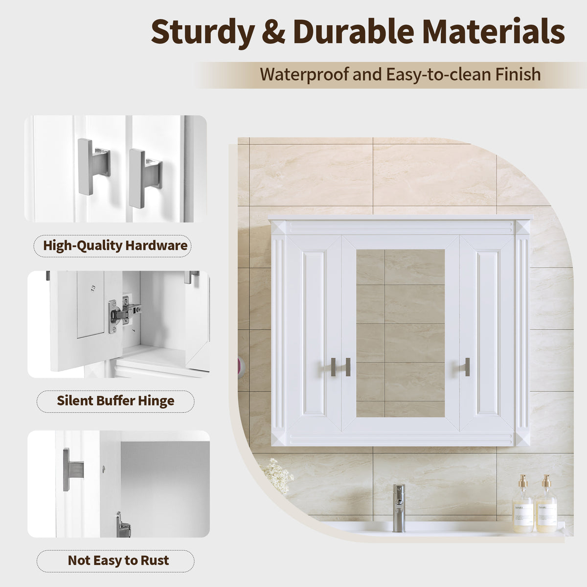 Bathroom Wall Cabinet with Mirror, Wall Mounted Medicine Cabinet with 4 Shelves, Mirrored Door Over Toilet Storage Cabinet, White — view 4